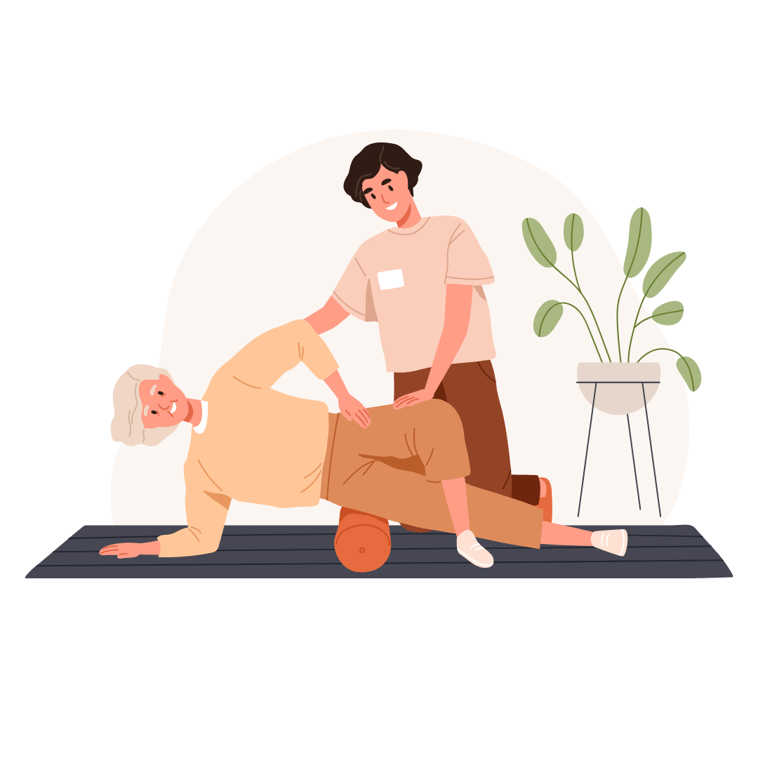 Faszienrollen-Übung in der Physiotherapie-Praxis Patient bei einer Physiotherapie-Übung mit einer Faszienrolle